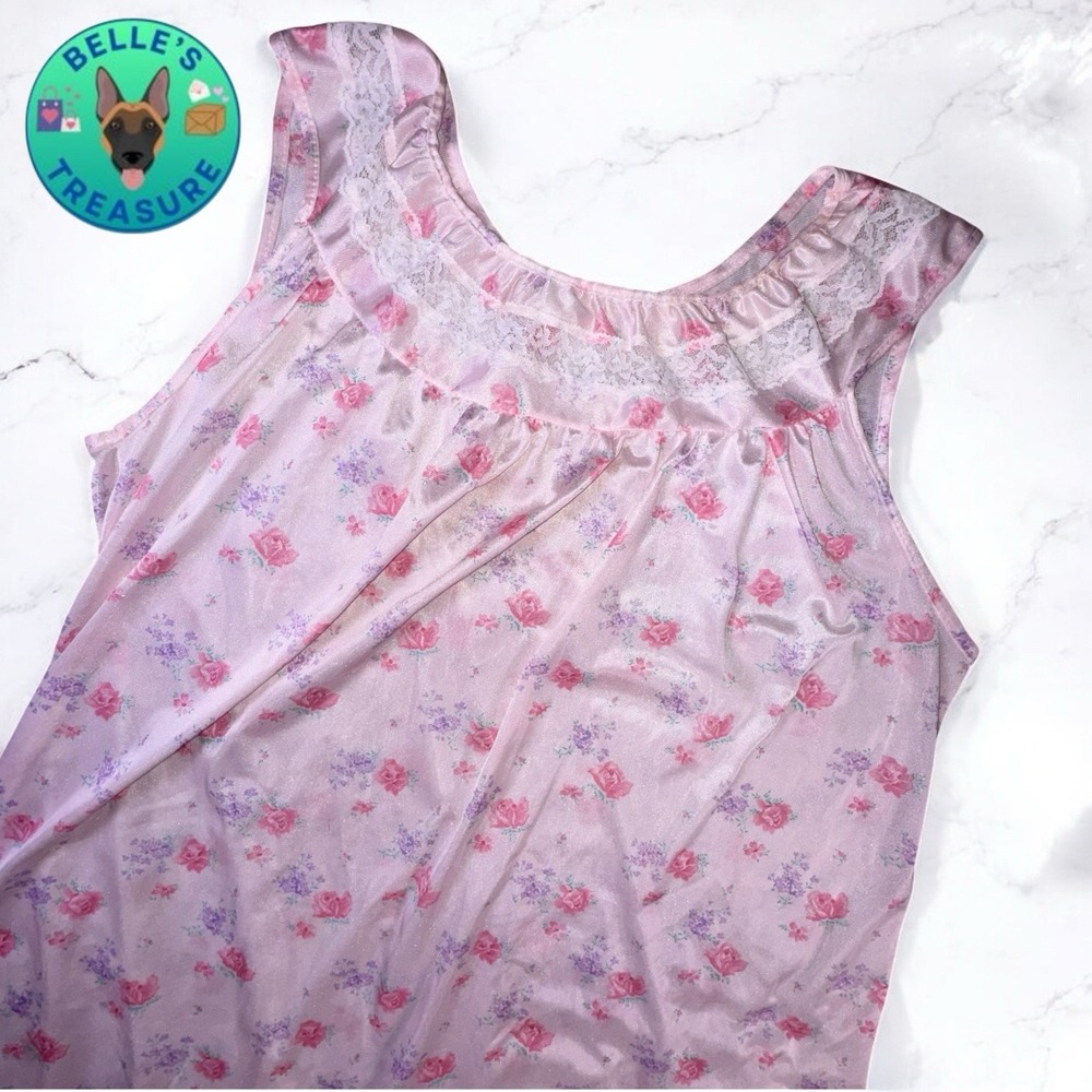 Vintage Slip Dress Womens XL Sleepwear Pink Ditsy Floral Lace‎ Detail USA Made